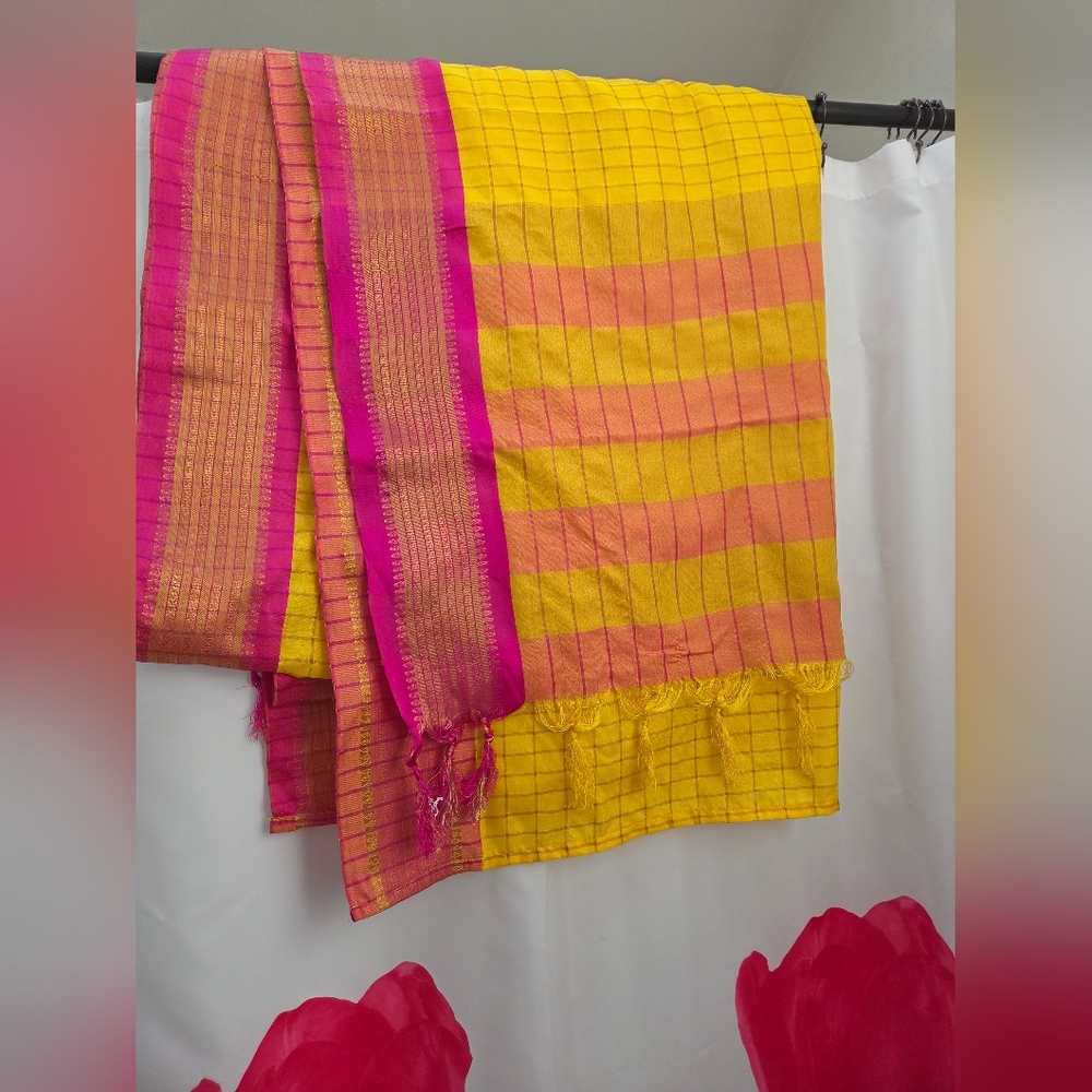 Vibrant Yellow and Pink Striped Saree